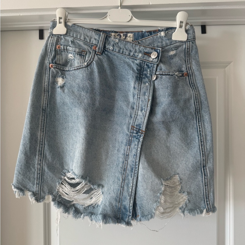 We The Free Light Blue Distressed Mini Skirt